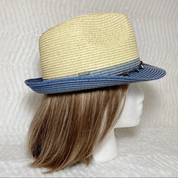 San Diego Hat Straw Fedora Blue Brim Star Adjustable Band - Picture 5 of 14